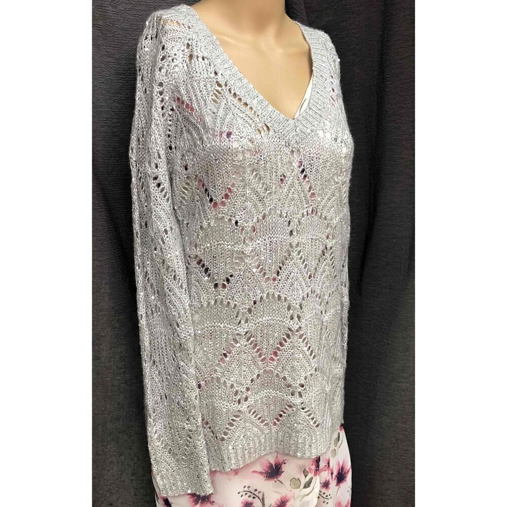 Studio Y Silver Metallic Knitted V-Neck Long Sleeve Sweater Womens Medium